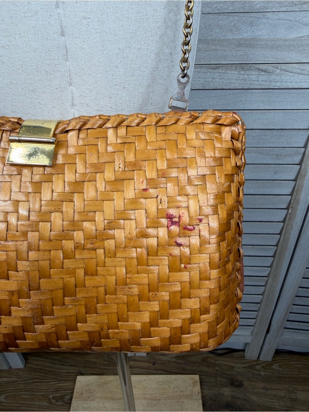TANDEM BAGS OF CALIFORNIA Vintage 80's Woven Rattan Purse w Chain Shoulder Strap - Picture 7 of 7